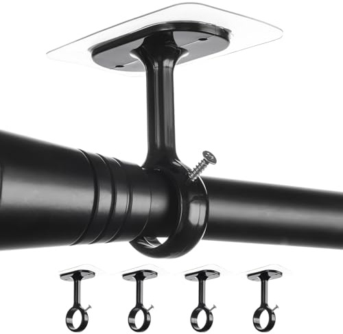 4 Stück Gardinenstange ohne Bohren für Decke und Wand (Schwarz) | Gardinenstangenhalterung zum Kleben mit Schrauben, Passend für Ø25-32mm, Ideal für Badezimmer, Fenster, Kleiderschrank