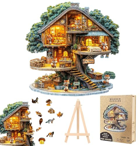 Holzpuzzle Erwachsene 3D Puzzle FuchsHaus Holzpuzzle Tierform Wooden Puzzle | Unregelmäßige einzigartige Familienspiel Geburtstagsgeschenk Für Erwachsene Kinder