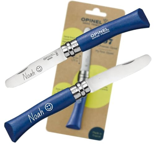 OPINEL Mein erstes Kindermesser mit persönlicher Gravur – sicheres Holzmesser für Kinder | vorne abgerundete Spitze | rostfrei | Virobloc | Geschenk (Blau)