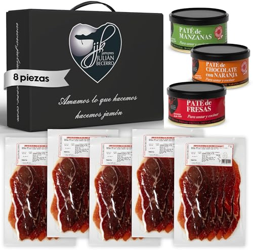 Julián Becerro Cesta Gourmet para Regalar | Cestas de Navidad con 5 Paquetes de Jamón de Bellota 50% Raza Ibérica | Trío de patés de frutas (Lote Jamón Bellota)