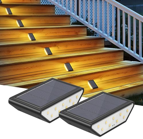 Smiling Shark Lumiere Solaire Exterieur, Lot de 2 LED Lampes Solaires D'escalier Blanc Chaud Éclairage À Double Face IP65 Étanches Lumiere Solaire Escalier Pour Jardin Allée Patio