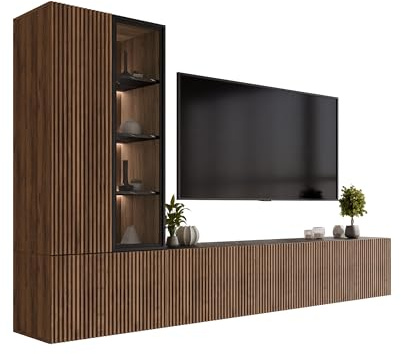 Mirjan24 Wohnwand Tiwori, Wohnmöbel, Elegantes Wohnzimmer-Set mit weißer LED-Beleuchtung, Griffloses Öffnungssystem, Wohnzimmer Kollektion, Stilvolle Anbauwand (Nuss Warmia + Marmor Schwarz)
