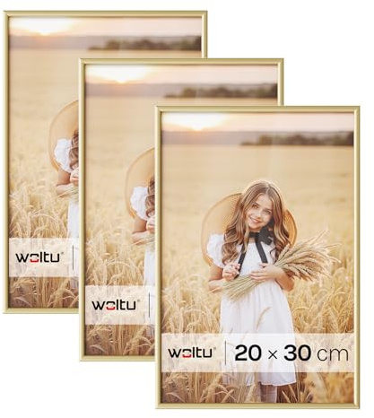 WOLTU Bilderrahmen 20x30 cm, 3 Set, Fotorahmen Gold, Aluminium, mit Passepartout, zum vertikalen oder horizontalen Aufhängen/Aufstellen, für Fotos, Bilder