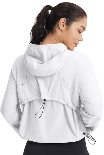baleaf Women's Sun Jackets Lightweight Packable Crop Shirts UPF 50+ Long Sleeve Hoodie Water Resistant Zip Up Tops Athletic White L