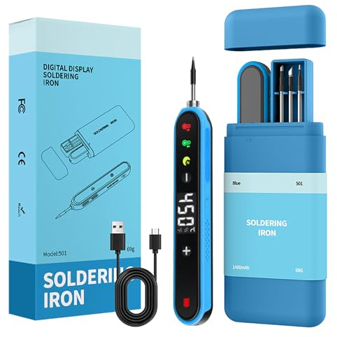 VOKTTA Cordless Soldering Iron Kit with Stand, 3 Soldering Tips - Blue | LCD Display, Adjustable Temperature 180-450°C for Repairing Circuit Boards, Welding Repairs