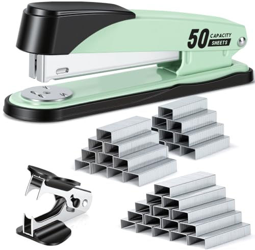 Deli Stapler Heavy Duty, 2000 Staples and Staple Remover, Green | 50 Sheet Capacity, No Jam, Full Strip, Non-Slip Office Stapler with Staples for Office, Classroom