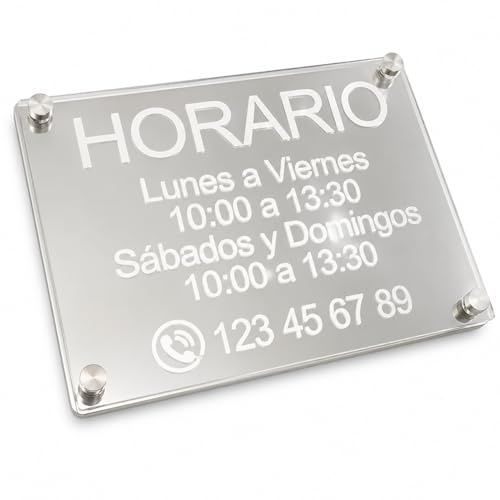 TIBRYN Letrero – 25x19Cm – Cartel Horario Personalizable Grabado a Láser en Metacrilato + Inoxidable – Placa Exterior e Interior – Texto Personalizado Tiendas, Oficinas y Restaurantes