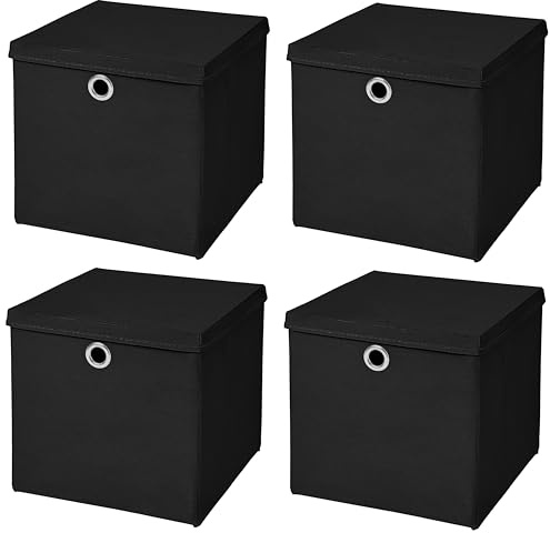 Stick&Shine 4x Aufbewahrungs Korb Schwarz Faltbox 32 x 32 x 32 cm Regalkorb faltbar mit Deckel