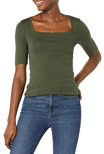 Amazon Essentials Women's Slim-Fit Half Sleeve Square Neck T-Shirt, Olive, S