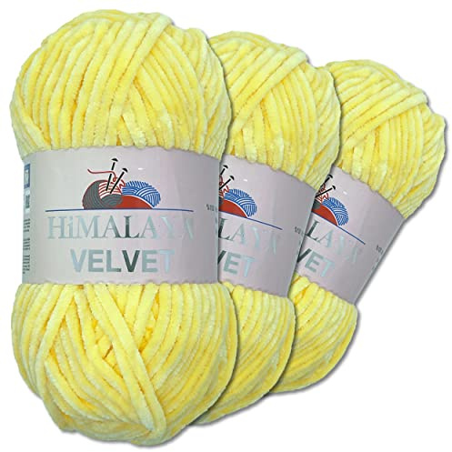 Wohnkult Himalaya 3 x 100 g Velvet Dolphin Wolle 40 Farben zur Auswahl Chenille Strickgarn Flauschwolle Glanz Accessoire Kleidung Decken (90002 | Sonnengelb)