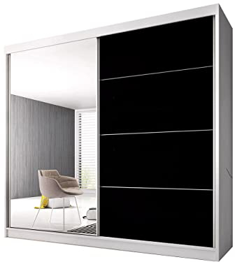Fabryka Mebli Idźczak Kleiderschrank mit Spiegel, Wohnzimmerschrank - Schwarz, Weiß Schwebetürenschrank, Schlafzimmerschrank - ‎61 x 233 x 218 cm - Schrank für Schlafzimmer, Wohnzimmer, Garderobe