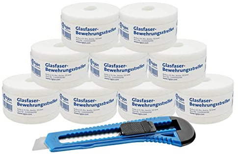 Rigips® Glasfaser Fugendeckstreifen [ 9 Rollen 50mm x 25m ] Rigipsplatten Fugenband | Bewehrungsstreifen Gipskartonplatten im Trockenbau | inkl. Cuttermesser