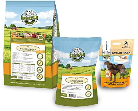 Bellfor Futterset für Berner Sennenhund Getreidefreies Trockenfutter mit Huhn 4 kg und Complete-Snack für Verstärkungen Gelenke 150 g und Hirsch Lungenwürfel 200 g