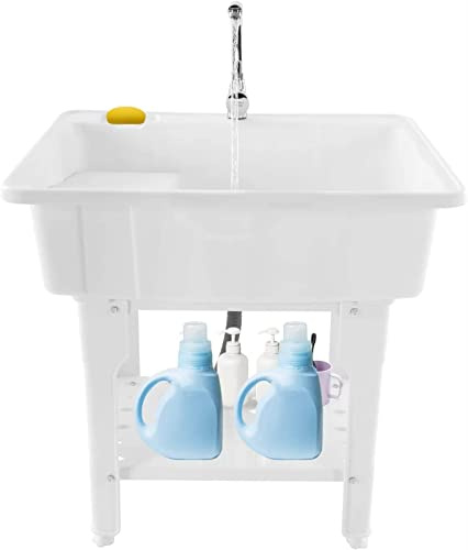 Gvqng Autoportante Lavandino in Plastica con Lavatoio, Lavandino Salvaspazio, Lavello per Interni Ed Esterni con Rubinetto dell'Acqua Fredda E Calda, Tubi Flessibili E Kit di Scarico