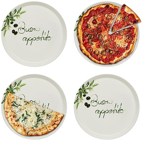 KHG 4er set Pizzateller, extra groß mit 30 cm Durchmesser in Buono appetito | perfekt für Gastro und Zuhause, hochwertiges Porzellan, spülmaschinengeeignet & perfekt Stapelbar, vielseitig einsetzbar