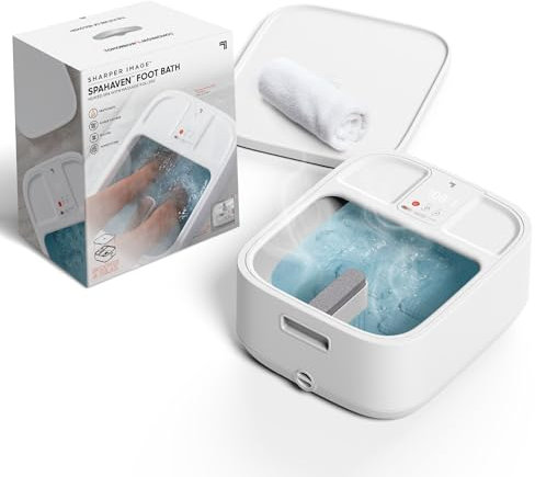 Sharper Image Spahaven Foot Bath - Heat, Bubble Jets, Massage Rollers, Pumice Stone Scrubber, Foot Soaking Tub, Feet Pedicure Tools, Callus Remover, Aesthetic Room Decor, Womens Pain Relief Gift