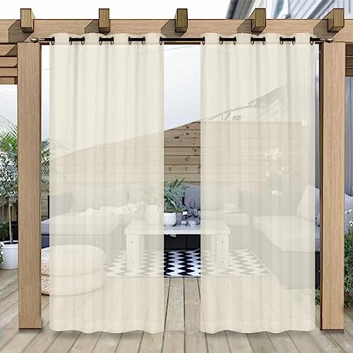 Heavyoff Outdoor Vorhang Wasserdicht Transparent Gardinen mit Ösen | Leinenoptik Outdoorvorhänge für Gartenlaube Balkon Terrasse Pavillon Beige, 2 Stück, Beige, 132x274cm