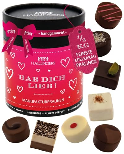 Hallingers Genuss Manufaktur Pralinen Valentinstagsgeschenk - ohne Alkohol, handmade aus Confiserie-Edelkakao in wertiger XXL-Geschenkdose Hab Dich lieb, Valentintstag für Frauen Männer