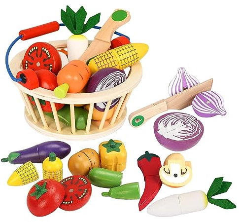 Smartwo Kinderküche Zubehör Holz, Hölzerne Gemüse-Spielset mit Korb zum Schneiden, Spielküche Lebensmittel, Holzspielzeug Küchenzubehör, Rollenspiel Küchenspielzeug ab 2 3 Jahre, Geschenk