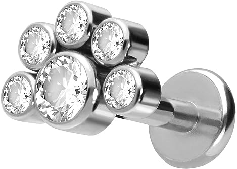 PIERCINGLINE Titan Labret mit Push Fit 6 KRISTALLE Piercing Ohr Helix Tragus Conch Silberfarben 1,2x7 mm