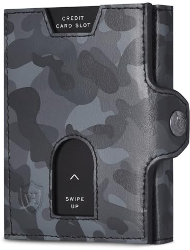 VON HEESEN Slim Wallet mit XL Münzfach & RFID Schutz - Leder Geldbörse Herren klein - Mini Geldbeutel Damen Portmonee - Kartenetui Echtleder Karten Portemonnaie - Kreditkartenetui Camouflage Grau