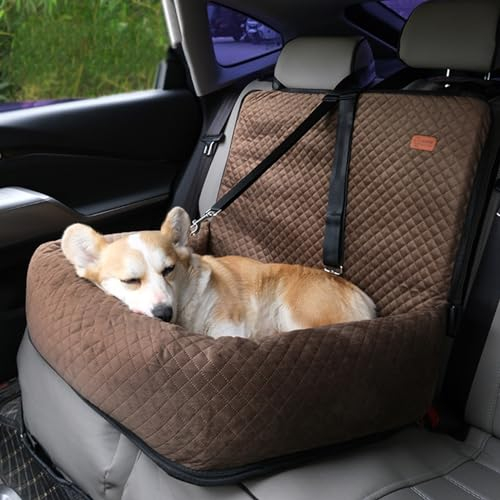 RUYICZB Hundesitz Auto Rückbank, Hunde Autositz, Waschbarer Sitzerhöhung Für Kleine Und Mittelgroße Haustiere, Haustier Reisebett rutschfeste Hundedecke Mit Sicherheitsgurt,Kaffee