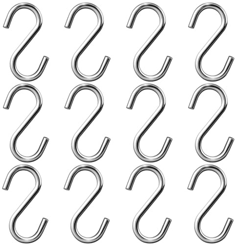 Dreecy 12 Pack Stainless Steel Heavy Duty S Hooks for Hanging, 2 Inch Small Thick S Hooks for Hammocks, Plants, Chain Hardware, Bird Feeders, Garden Tools, Pots, Pans, Silver