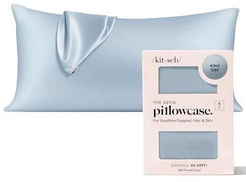 Kitsch Satin Pillowcase King Size, Softer Than Mulberry Silk Pillowcase for Hair and Skin, Breathable Smooth Cooling Pillow Covers 19x36 Inches with Zipper, Gifts for Women Mom Men, Haze Blue, 1 Pack