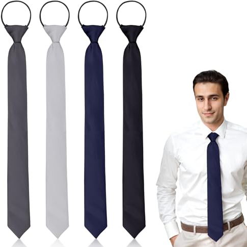ertlutw 4 Stück Herren Krawatten, Vorgebunden, Sicherheitskrawatte, Schwarz, Grau, Silbergrau, Marineblau, Hochzeit, Trauerkrawatte