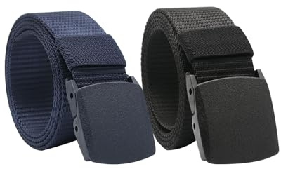 Shengxi 2 stycken unisex nylonbälten för män och kvinnor 123 cm justerbart tygbälte plast arbetsbälten spänne snabb passage genom flygplatssäkerhet, Svart och blå, one size