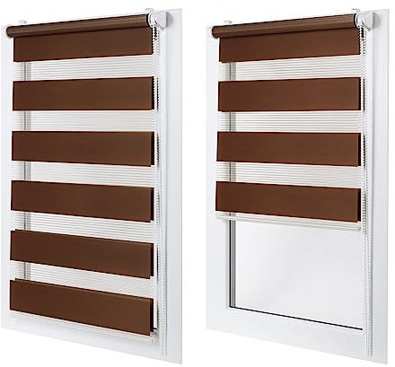 Doppelrollo ohne Bohren – Sichtschutz und Sonnenschutz, Klemmfix – Braun, 70 cm breit (Stoffbreite) x 120 cm hoch (Fensterhöhe) – Duo Rollo für Fenster/Tür, lichtdurchlässig/verdunkelnd