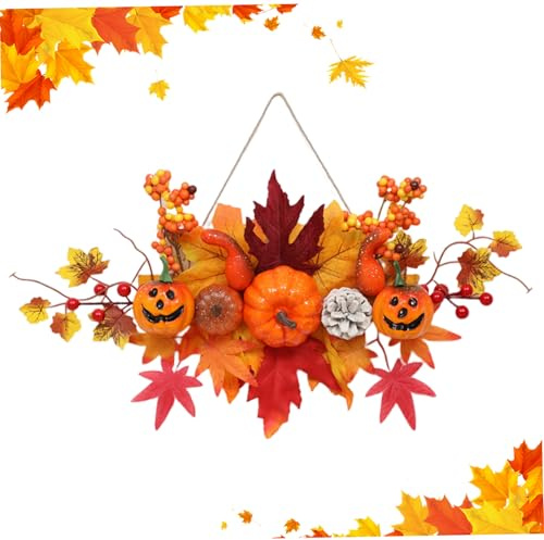 Corona de otoño, calabaza, hoja de arce, corona de Halloween para puerta de entrada, corona de otoño para puerta con cuerda para colgar para Acción de Gracias, decoraciones de Halloween, corona d