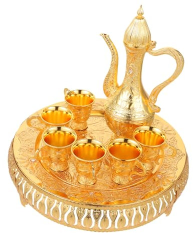 MAGICLULU Turkish Tea Pot and Metal Tea Set Cups Vintage Style Serving Set for Home Includes Container Wine Pot Kit Household Wine Delicate Cups for Ceremony and Occasion