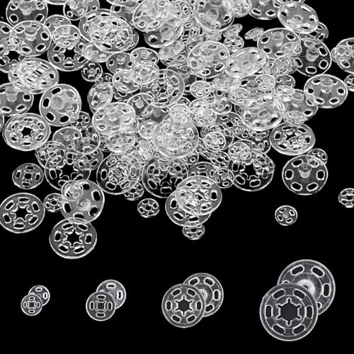 Bewudy 120 Sets Plastic Snap Buttons for Sewing - Clear Invisible Fasteners for Shirts, Clothing and DIY Crafts - 7mm 10mm 15mm 20mm