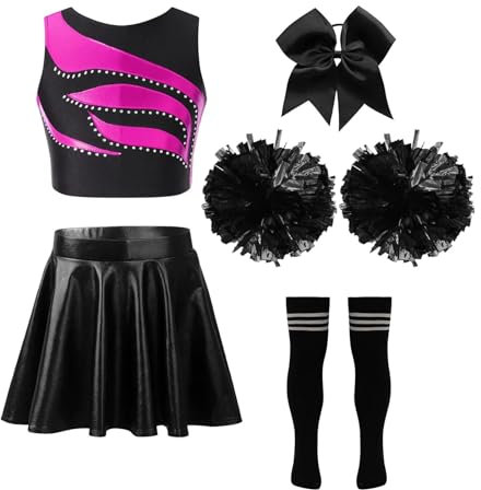CYMMIYT Cheerleader Outfit Kinder Mädchen Cheerleading Outfits Cheerleader Uniform Ärmelloses Patchwork Crop Top Metallic Rock Kopfbedeckung Hand Blumen Socken(A Hot Pink Black,14)