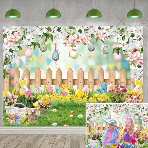 Toile de fond de printemps Pâques paysage nature paysage photographie fond lapin herbe verte floral œufs colorés bannière enfants anniversaire Pâques fête thème decroations fond (243,8 x 182,9 cm)