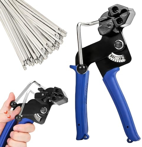 WANDGU Bridas de acero inoxidable de 100 piezas y pistola para bridas metálicas, alicates para bridas con función de tensado y corte automático, bridas metálicas de 4,6 x 300 mm, bridas para agrupar