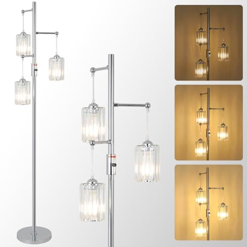 Rayofly Dimmable Floor Lamps for Living Room, 3-Lights Crystal Standing Lamps for Living Room, Chrome Floor Lamp with Glass Lampshades, Modern Floor Lamp for Bedroom, Standard Tall Lamps for Office