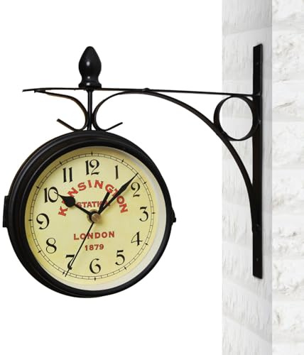 Keyubria Horloge Murale Double Face, Horloge Exterieure Etanche avec Support - Horlogen de Gare de Jardin de Style Européen Horlogen Classiques pour Maison, Salon, Porche (Diamètre de l'horlog 12cm)
