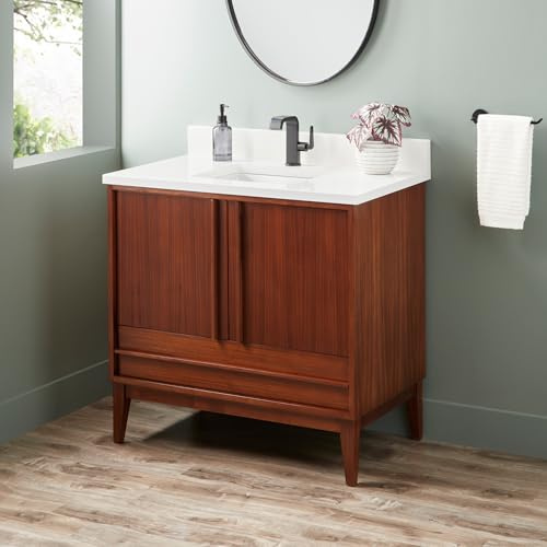 Signature Hardware 955207-36-RUMB-1 Sybill 36 Freestanding Mahogany Single Basin Vanity Set with Cabinet, Vanity Top, and Rectangular Porcelain Sink - Single Faucet Hole - Washed Walnut/Arctic