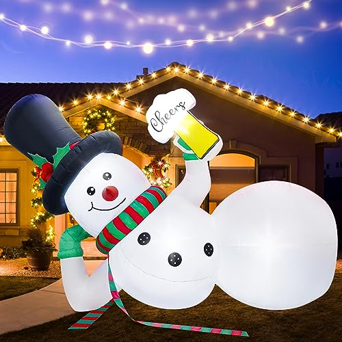Fayavoo 300 cm aufblasbare weihnachtsdeko Aussen, Lustiger Aufblasbar Schneemann Deko Außen Liegend mit LED Beleuchtung, XXL Outdoor Weihnachtsdeko Außen für Garten, Balkon & Draußen