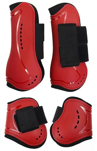 Merauno® Set von 4 Gaiters, Klassische, robuste PU Hard Shell mit elastischen Haken- und Schleifenverschlussgurten, Tendonstiefel, atmungsaktive Löcher zum Springen, Reiten, Events (L, Rot)