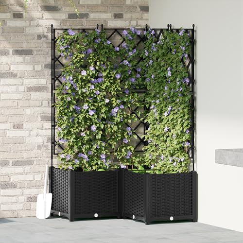 Pflanzkasten mit Rankgitter, UV-beständiger Kunststoff, Modernes Design, für Kletterpflanzen, Balkon, Garten, Terrasse, Schwarz, 80x80x143 cm, 3er Set
