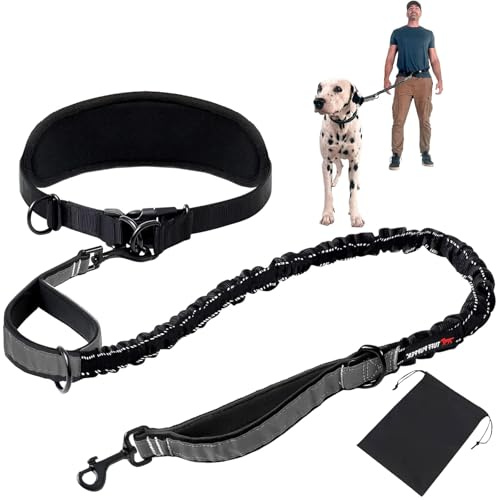 Freihändig Laufleine - Bungeeteil für Joggingleine, Bauchgurt Hundeleine mit Integrierter Zugstopp Hausleine Halsung, für Hunde Aller Größen Robust, mit Dual Griffe, Schwarz Reflektierende Nähte