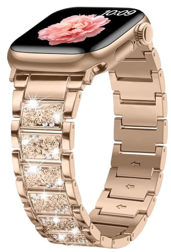 Sixmoat Brillant Diamond Métal Band Compatible avec Apple Watch Bracelet pour Femme 38mm 40mm 41mm 42mm(Serie 10/11) Motif Élégant Rechange Bracelet pour iWatch SE Serie 11 10 9 8 7 6 5 4 3 (Or Rose)
