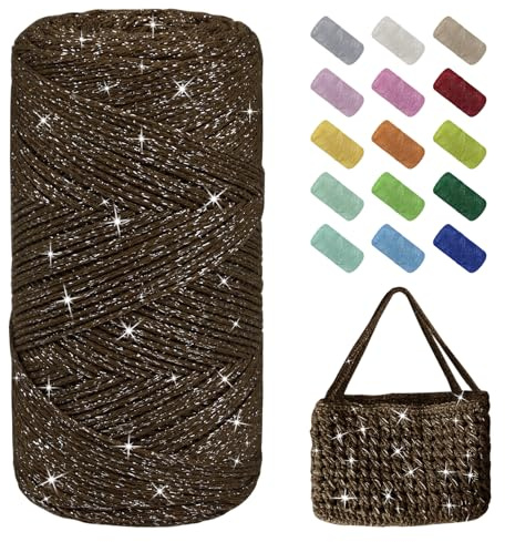 Uiopa Glitzer Häkelgarn für Taschen, Makramee Garn 1,5mm x 280m Baumwollgarn zum Häkeln und Stricken, Polyester Rope Garn für Taschen, Körbe, Dekoration, DIY-Projekte