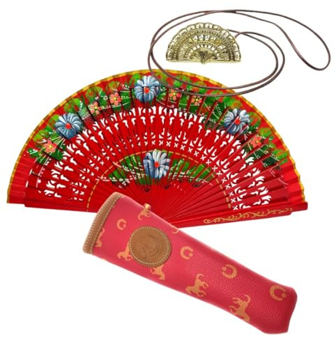 Abanico Plegable de Madera con Flores Pintadadas a Mano con Funda y Cuelga Abanicos. Funda de Lona con Crermallera y Cuelga Abanico Metálico (Pasión Roja)