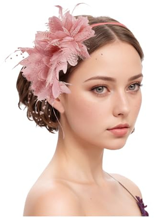 Fascinator Hüte Für Damen Bänder Federn Auf Einem Stirnband Blume Mit Perle Feder Fascinators Hut Stirnband und Einer Gegabelten Clip Hochzeit Cocktail Tea Party Hut Kopfbedeckung Für Damen (One Size)