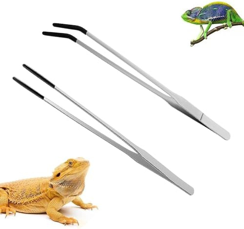 2 alicates de alimentación para reptiles, 27 cm, pinzas largas de acero inoxidable, pinzas de acero inoxidable para acuario, con punta de goma, pinzas rectas y curvas, para plantas acuáticas, pinzas