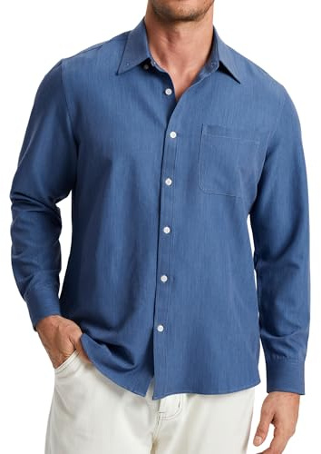 Enlision Camicia a Maniche Lunghe da Uomo Camicie Casual in Denim Antipiega da Uomo con Bottoni Non stirabili con Taschino Blu Denim,L